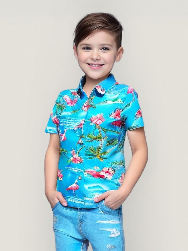 SSLR Big Boys Hawaiian Shirt Flamingos Button Down Shirt Short Sleeve Luau Shirt for Kids (X-Large, Blue) - Image 3